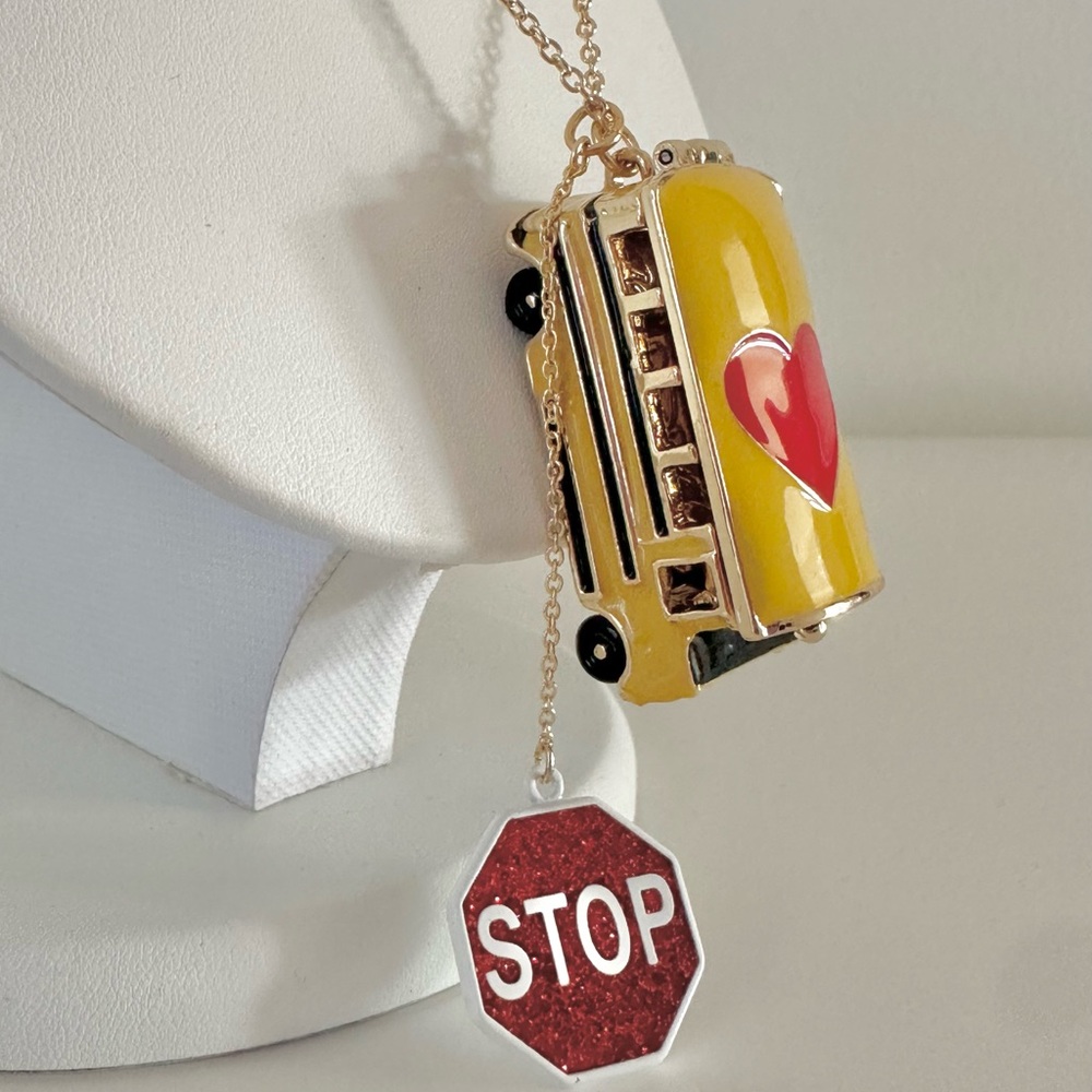 Betsey Johnson BACK TO SCHOOL Gold Tone Yellow Bus Heart Locket Long Nec… - Picture 5 of 14